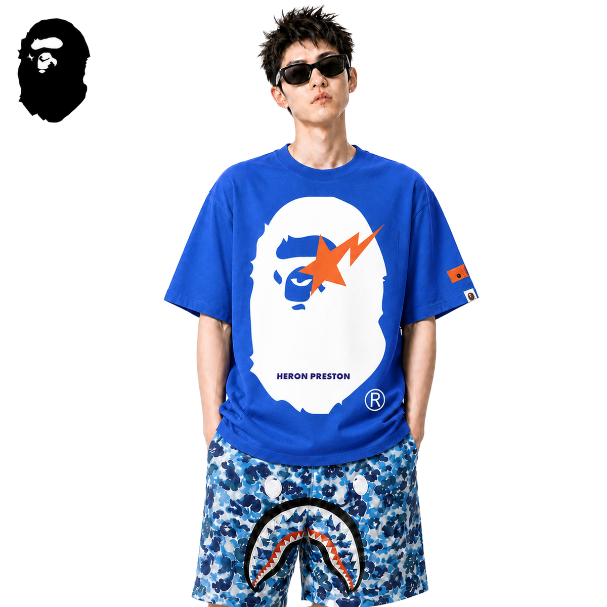 BAPE x Heron Preston Lightning Ape Head Men's T-Shirt - Blue