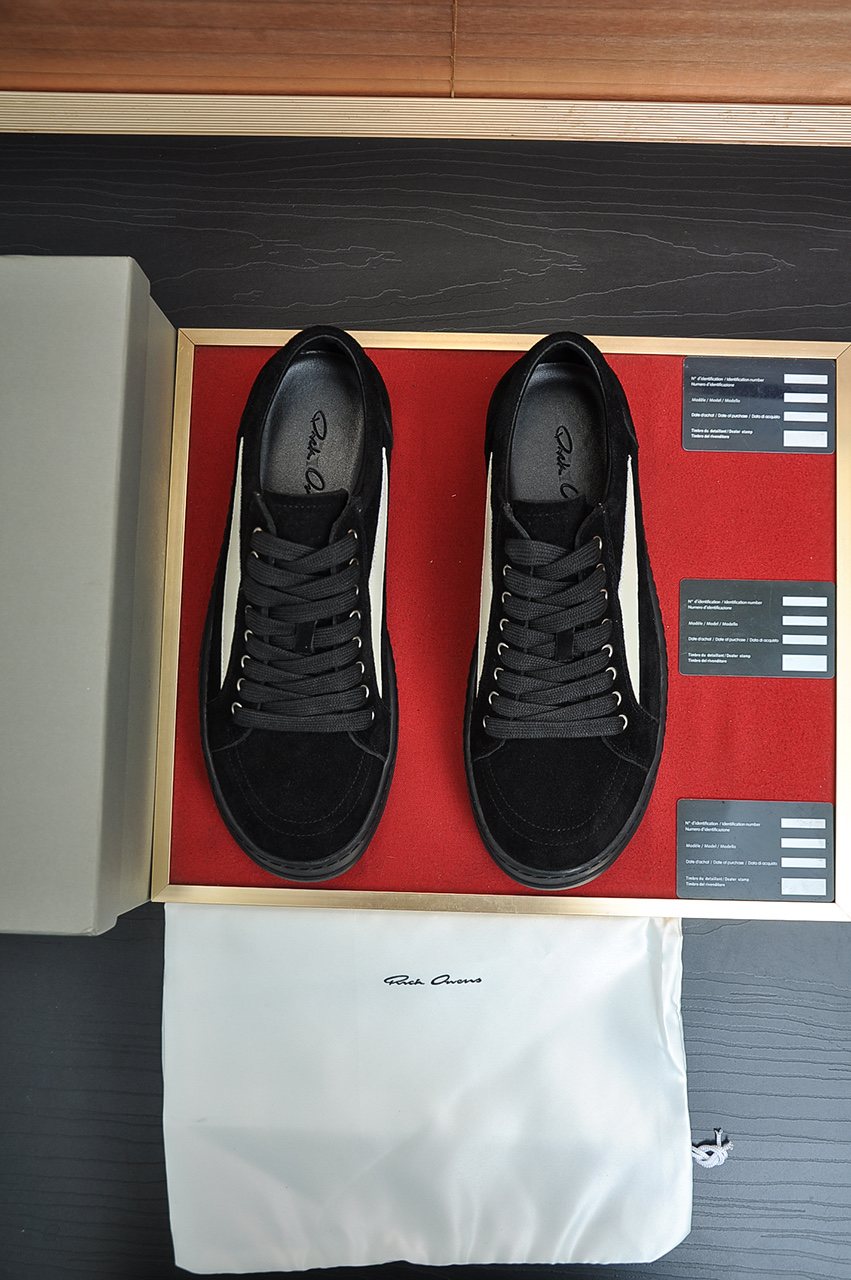Rick Owens Black Low-Top Sneakers with White Side Panels
