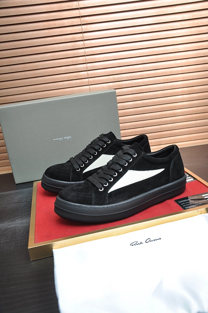Rick Owens Black Low-Top Sneakers with White Side Panels